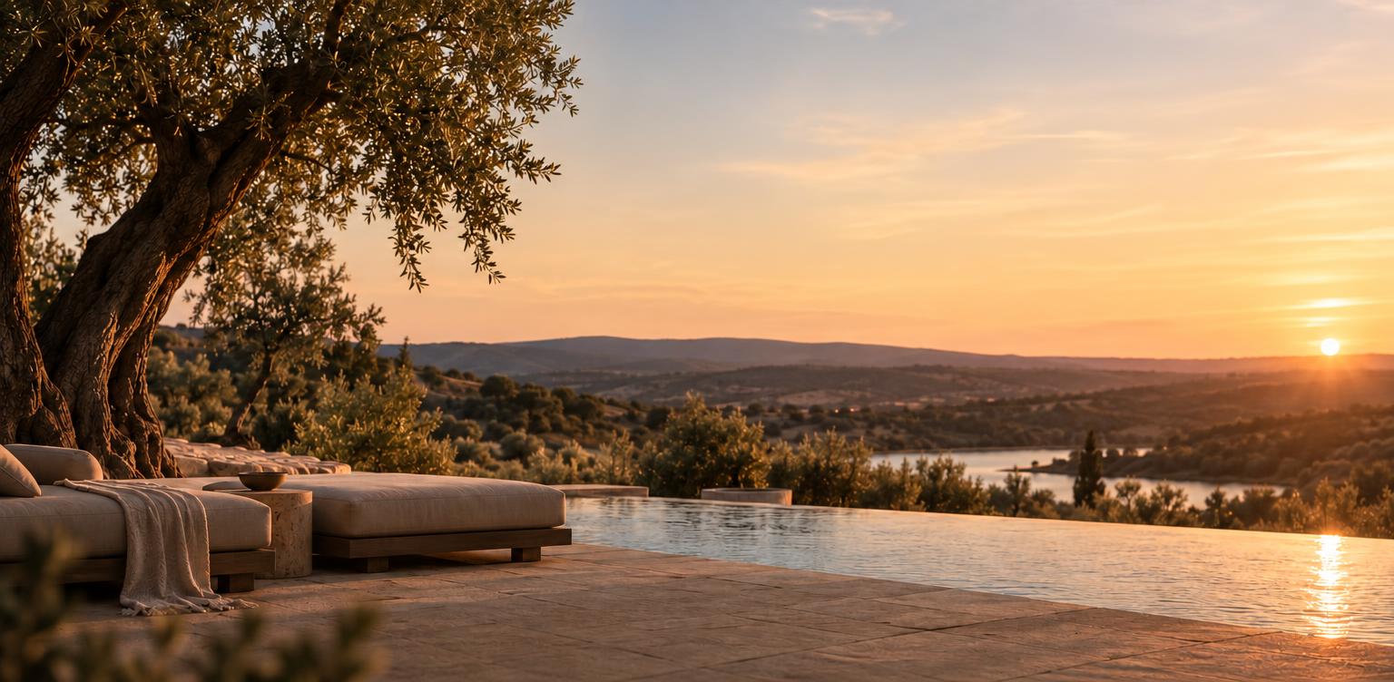 Terrasse et piscine à débordement au coucher du soleil sur l’Alentejo