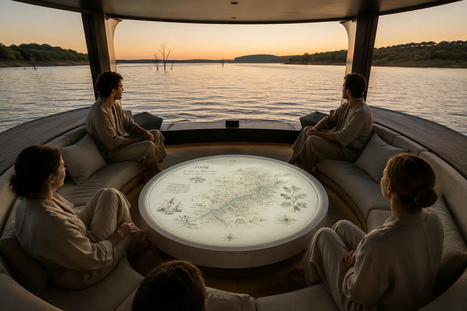 Intérieur du bateau électrique et sa table de projection circulaire